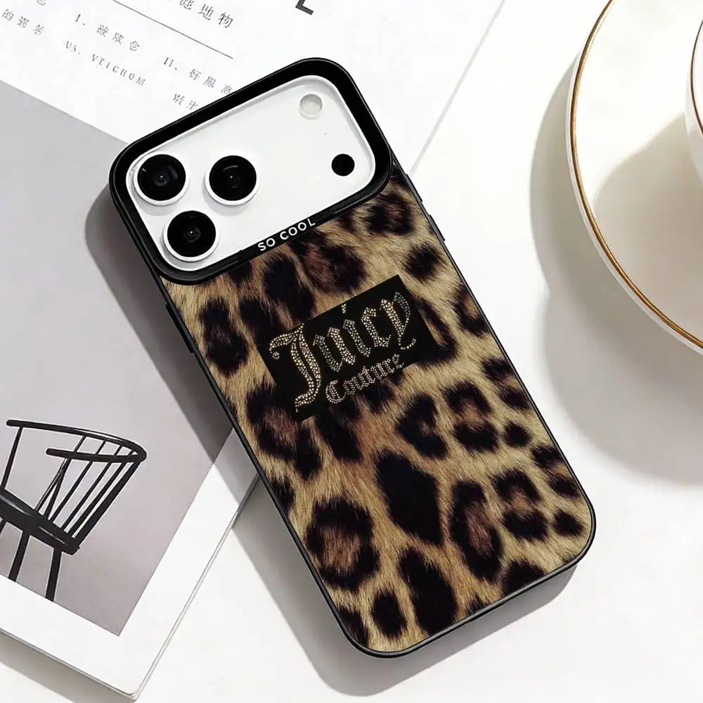 J-Juicy C-Couture Chic Girly Phone Case For iPhone17,16,15,14,13,12,11 Plus,Pro Max Black Border Silver  Plated Cover