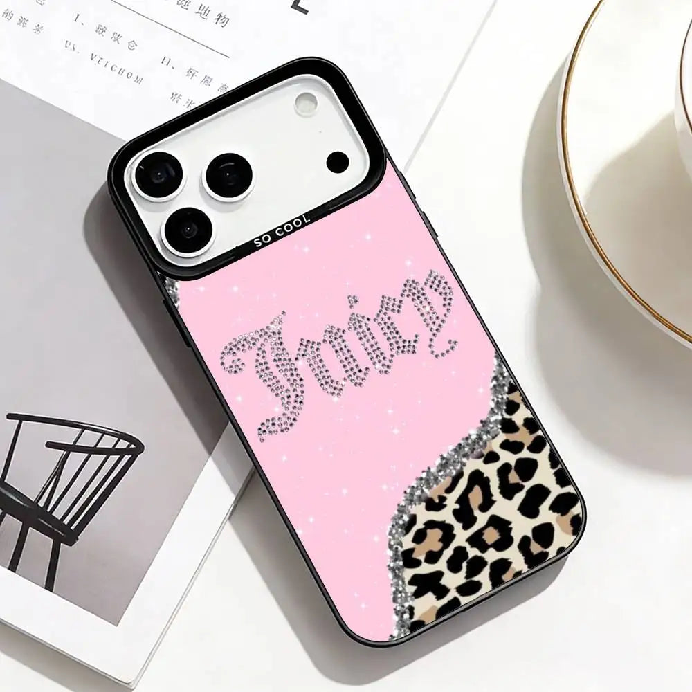 J-Juicy C-Couture Chic Girly Phone Case For iPhone17,16,15,14,13,12,11 Plus,Pro Max Black Border Silver  Plated Cover