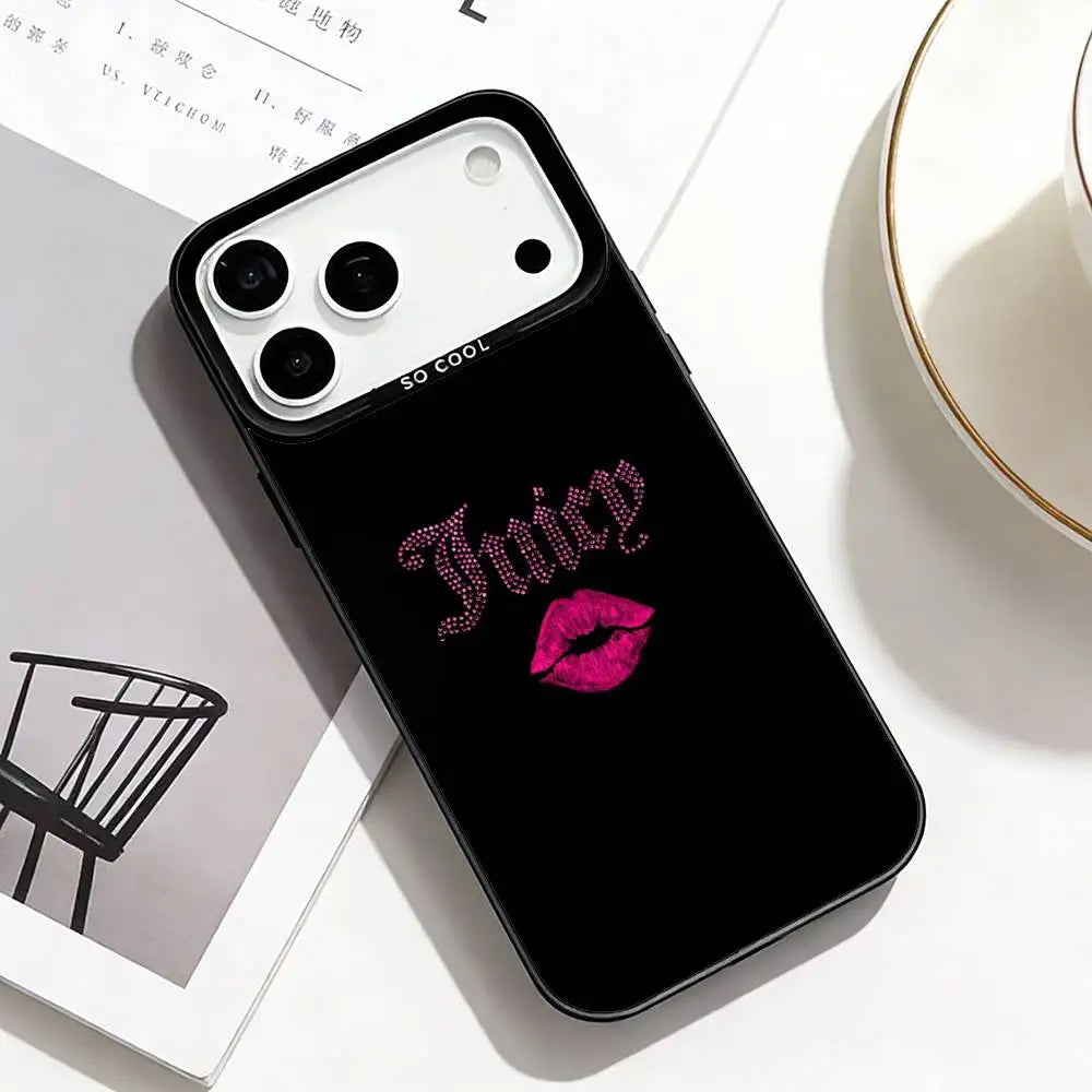 J-Juicy C-Couture Chic Girly Phone Case For iPhone17,16,15,14,13,12,11 Plus,Pro Max Black Border Silver  Plated Cover