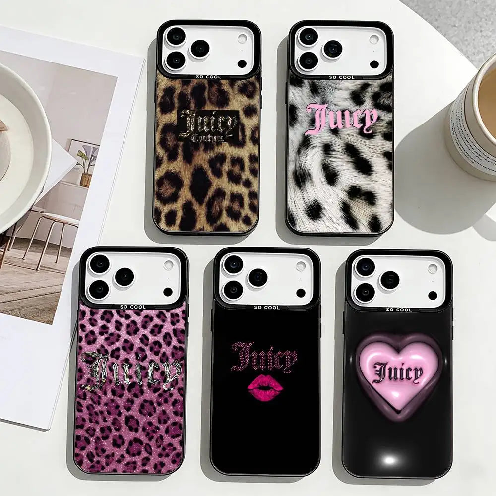 J-Juicy C-Couture Chic Girly Phone Case For iPhone17,16,15,14,13,12,11 Plus,Pro Max Black Border Silver  Plated Cover