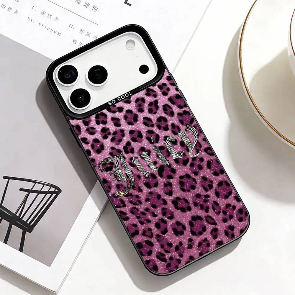 J-Juicy C-Couture Chic Girly Phone Case For iPhone17,16,15,14,13,12,11 Plus,Pro Max Black Border Silver  Plated Cover