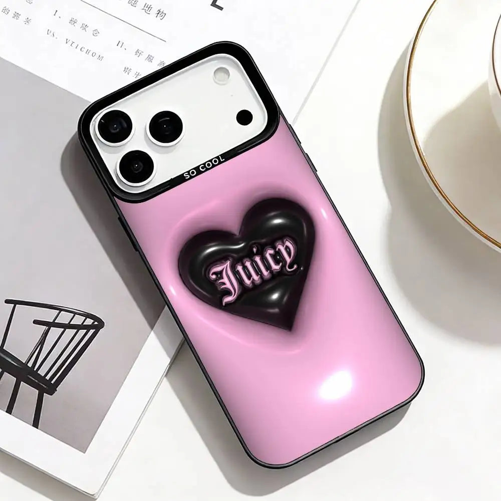 J-Juicy C-Couture Chic Girly Phone Case For iPhone17,16,15,14,13,12,11 Plus,Pro Max Black Border Silver  Plated Cover