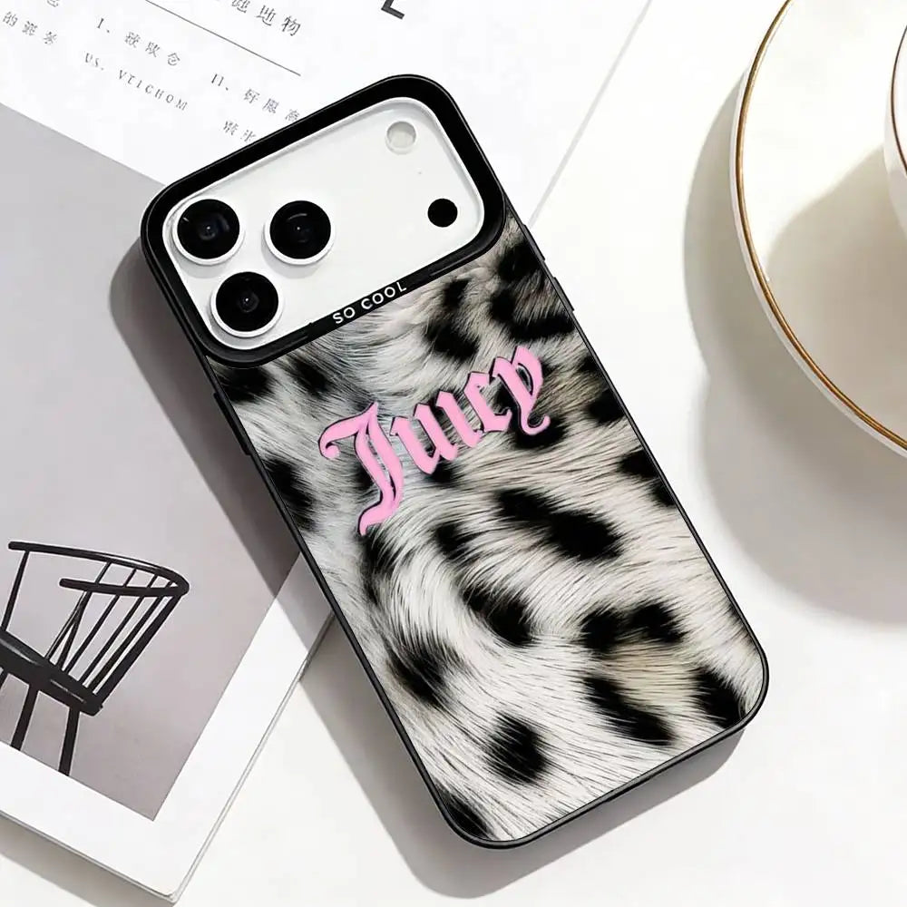 J-Juicy C-Couture Chic Girly Phone Case For iPhone17,16,15,14,13,12,11 Plus,Pro Max Black Border Silver  Plated Cover