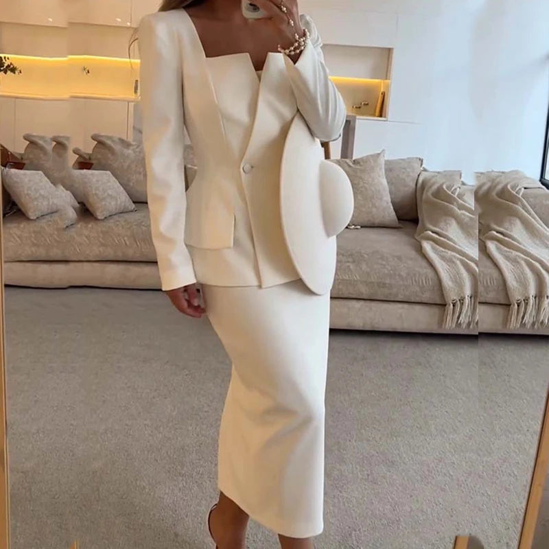 2024 Elegant Square Collar Long Sleeve Blazer&Long Skirts Suit Women Chic Double Breasted Jacket Work Outfit New Solid 2Pcs Suit