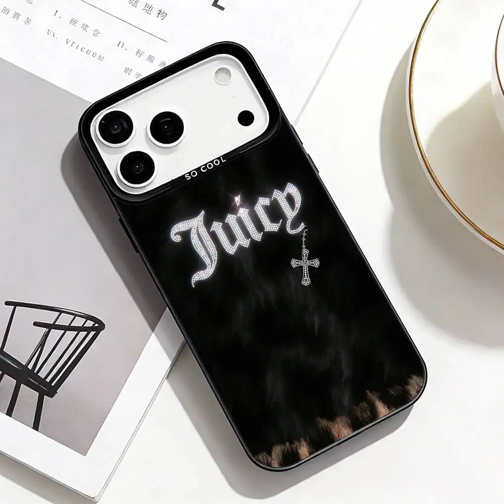 J-Juicy C-Couture Chic Girly Phone Case For iPhone17,16,15,14,13,12,11 Plus,Pro Max Black Border Silver  Plated Cover
