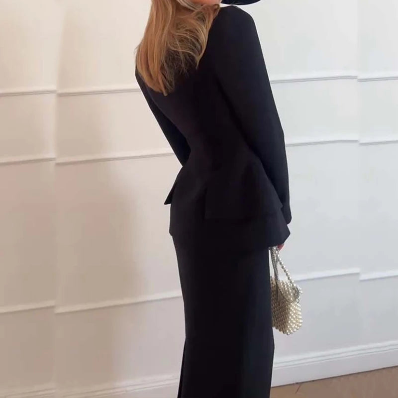 2024 Elegant Square Collar Long Sleeve Blazer&Long Skirts Suit Women Chic Double Breasted Jacket Work Outfit New Solid 2Pcs Suit