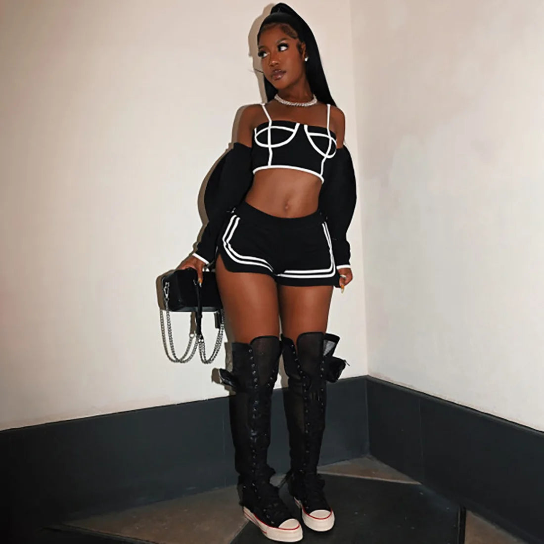 Black Sexy Going Out 3 Piece Set Off Shoulder Crop Tops and Shorts Leggings Clubwear Baddies Outfits Trendy Women Summer Clothes