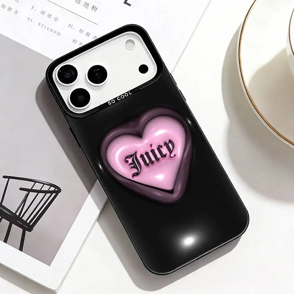 J-Juicy C-Couture Chic Girly Phone Case For iPhone17,16,15,14,13,12,11 Plus,Pro Max Black Border Silver  Plated Cover